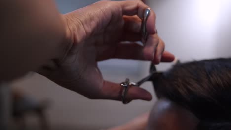 scissors being used on front side of head to trim hair, filmed from rear side of scissors in closeup slow motion style