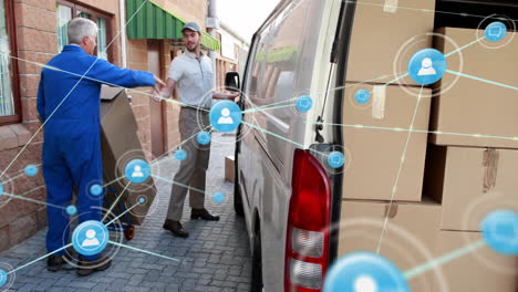 loading boxes into van, workers connected by network animation for logistics