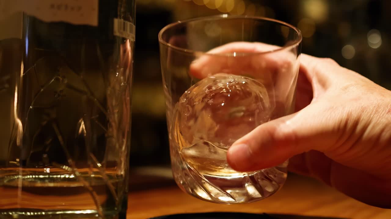 A hand rotates a large ice sphere inside a glass on a wooden surface.