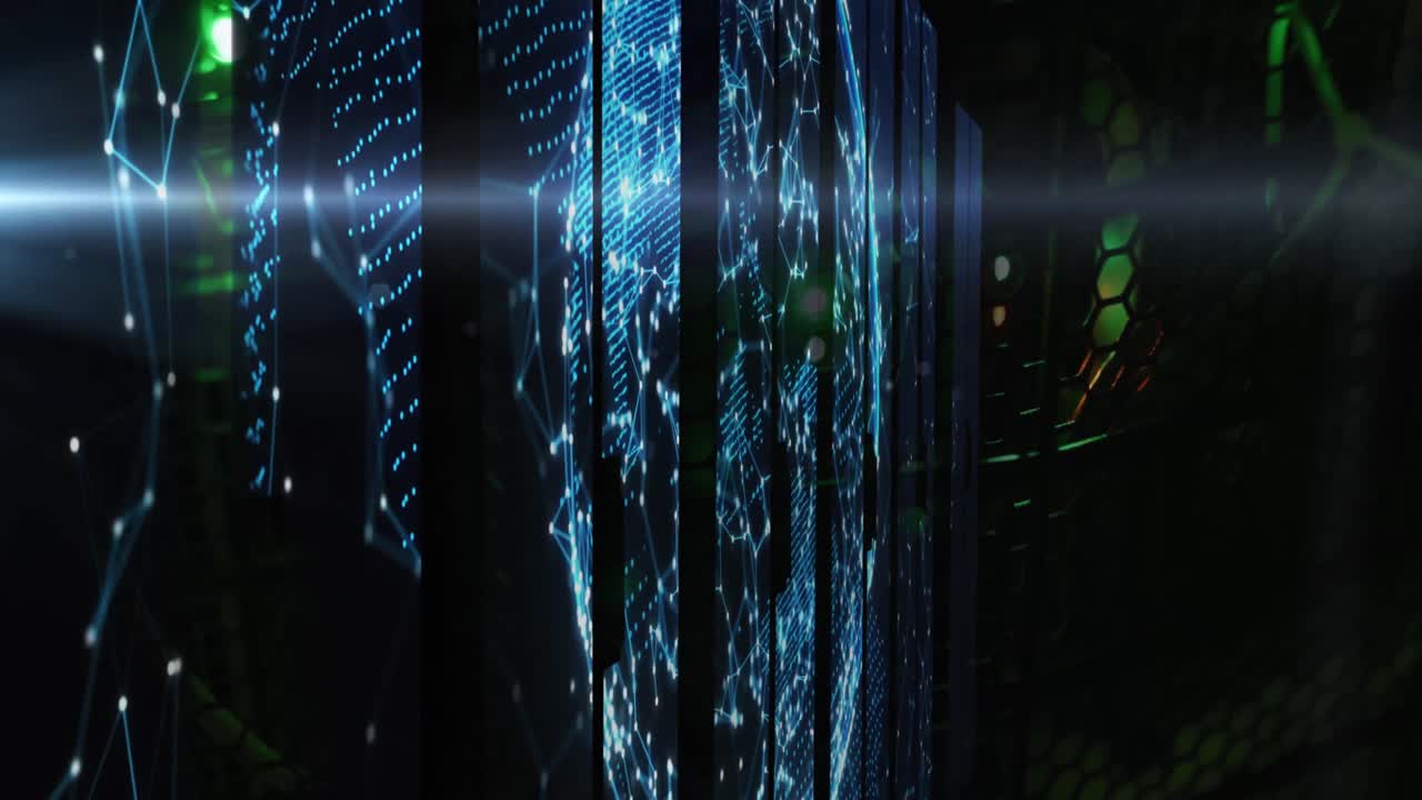 Animation of shapes moving and globe over server room