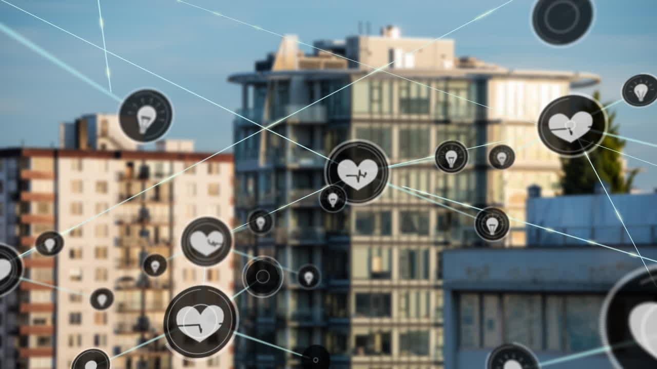 animação de rede de conexões com ícones sobre a paisagem urbana