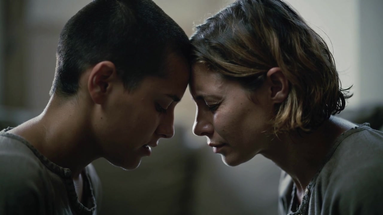 Leaning two people pressing foreheads together in muted room after pause, comforting with worn tops