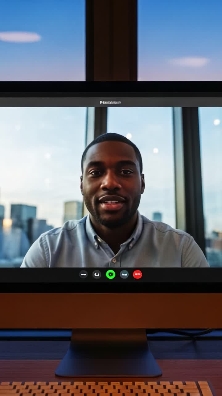 Engaging Remote Conversation: A Man on a Video Call with a City Skyline Background During Sunset Reflecting Modern Communication Technology