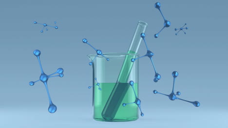 animación de nucleótidos y de un tubo de ensayo lleno de líquido en un vaso lleno de líquido sobre un fondo azul