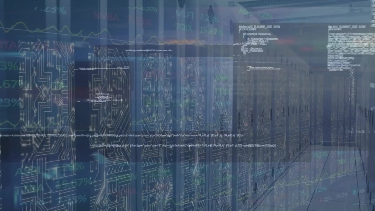 Animation of data processing over screens of microprocessor connections against computer server room