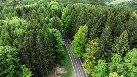 aerial view of a car driving along a winding road through a lush green forest, surrounded by towering trees. drone shot. czech republic
