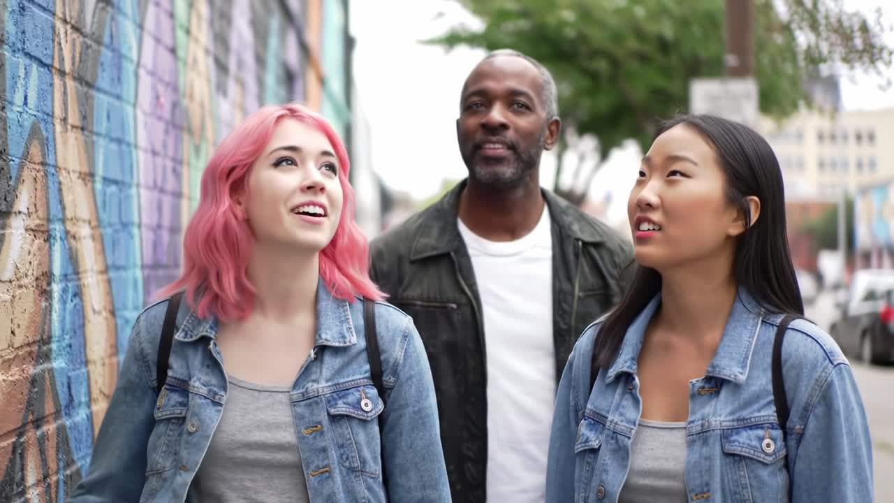Friends Explore Urban Mural Art While Strolling Through Vibrant City Streets in the Afternoon Sun
