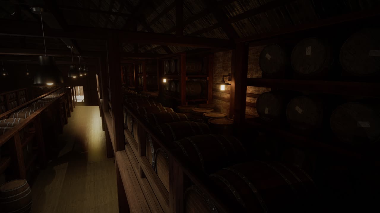 Wine Barrel Storage In The Wine Vault. Barrels Of Cognac, Wine Or Whiskey. Wooden Oak Wine Barrels. Alcohol Warehouse
