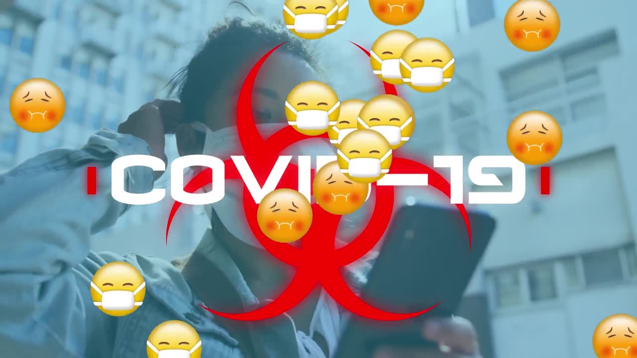 코로나 19 데이터 처리의 애니메이션 여성과 얼굴 마스크를 가진 여러 병자 이모지