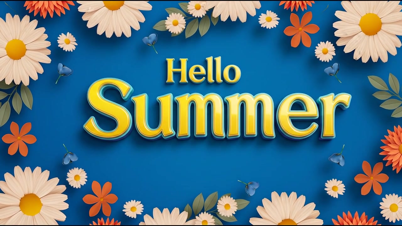 Hello Summer Floral Greeting Animation with Yellow Typography and Daisy Border on Blue Background