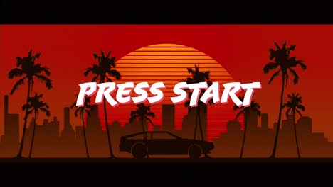 Animation-of-press-start-text-over-car-riding-during-digital-sunset