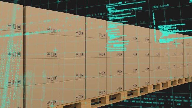 Animation of computer language over cardboard boxes against black background