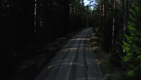 Drohnenaufnahme-Von-Einer-Leeren-Schotterstraße-Im-Wald-In-Schweden