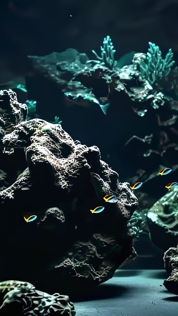 Vertical video: Emerging blue-yellow fish circling reef in aquarium, turquoise spotted fish gliding