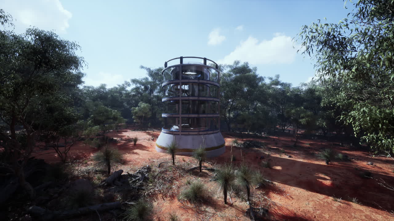 torre de vidrio futurista en un bosque abandonado