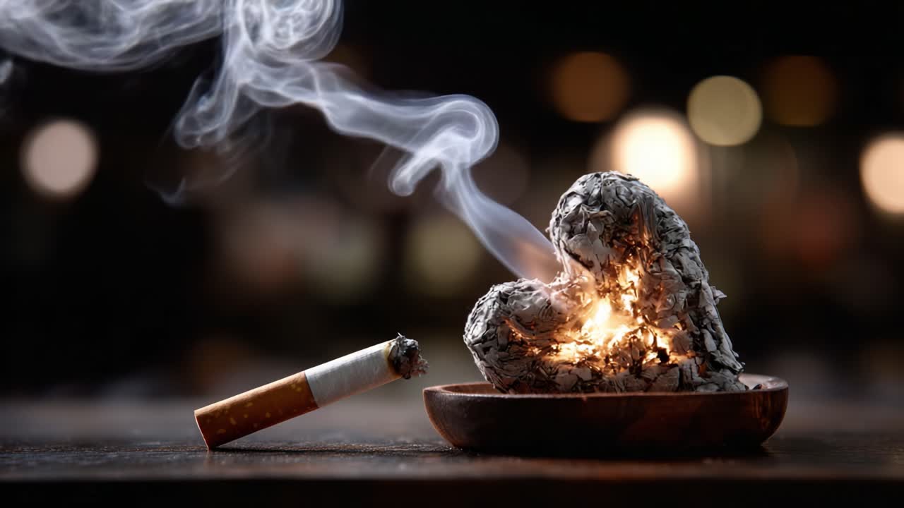 A striking dual-frame composition capturing a heart-shaped ember surrounded by swirling smoke, with a cigarette resting nearby, symbolizing love and loss