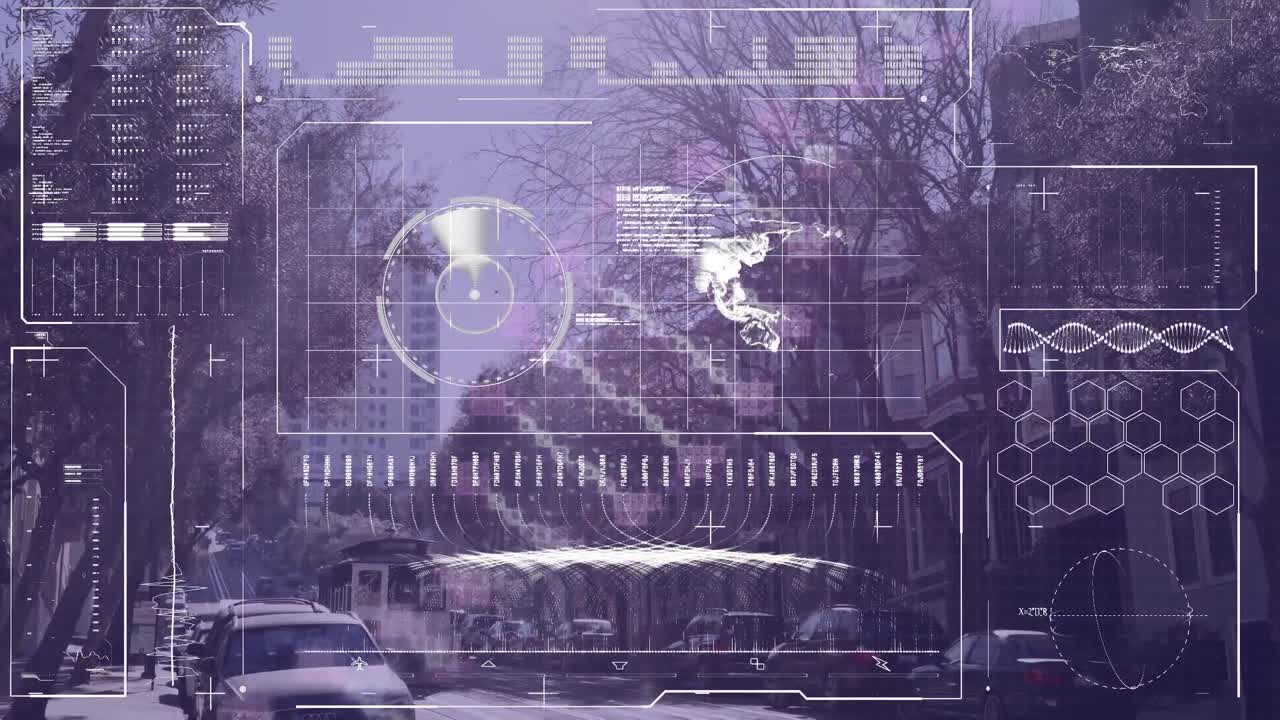 Animation of digital screen with dna, diverse data and graphs processing over street