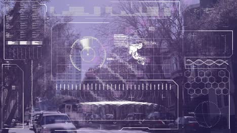 animation of digital screen with dna, diverse data and graphs processing over street