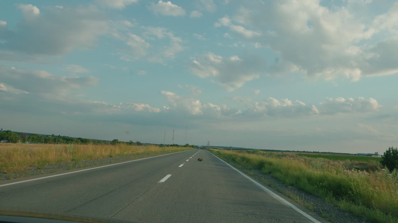 A scenic drive on a country road under a cloudy sky