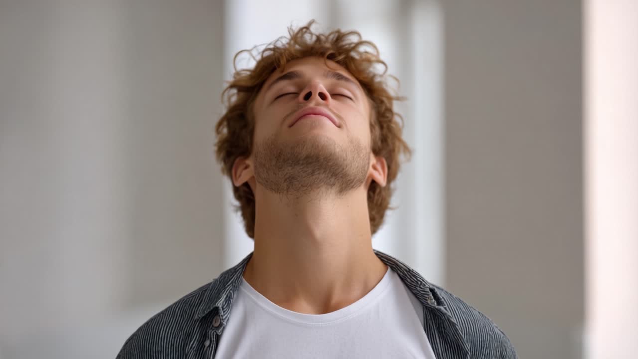 Um jovem em estado de relaxamento, com os olhos fechados e um sorriso suave, personifica a tranquilidade em um ambiente interno moderno, irradiando calma e contentamento por meio de sua postura.