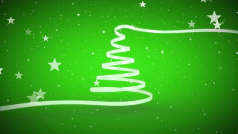 Animation-of-stars-floating,-snow-falling-over-ribbon-forming-a-christmas-tree-on-green-background