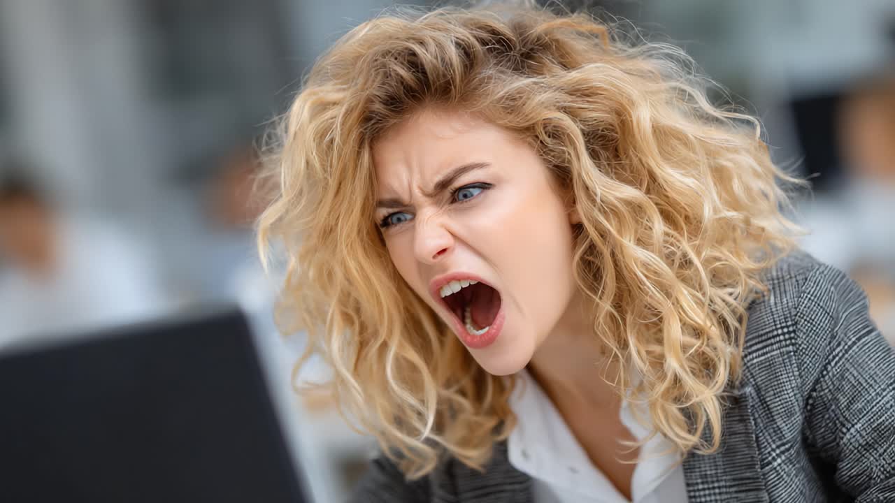 A Frustrated Young Woman Expressing Anger and Stress While Working on a Computer in a Busy Office Environment, Capturing Intense Emotion and Workplace Pressure