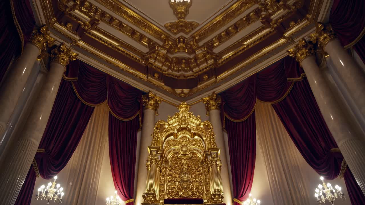 Ornate baroque interior with gold accents and red drapes, captured from a low angle