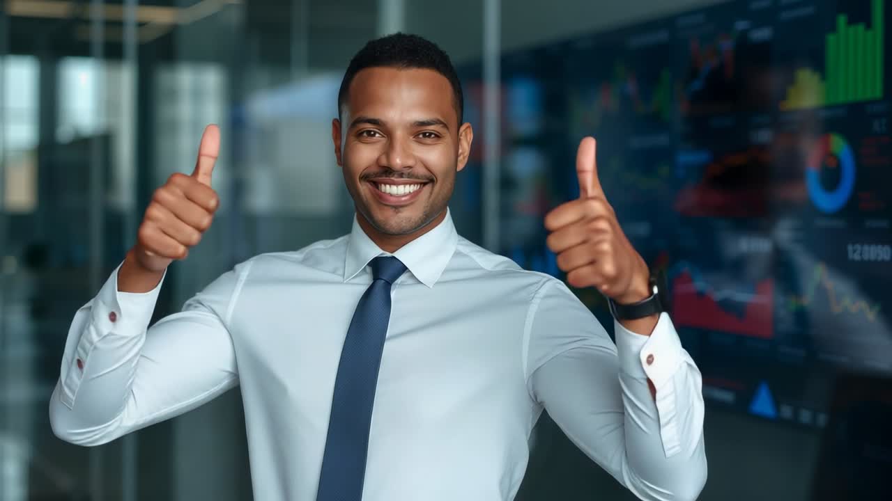 Smiling man uncrossing, raising thumbs-up by office monitor, approving charts, white shirt navy tie