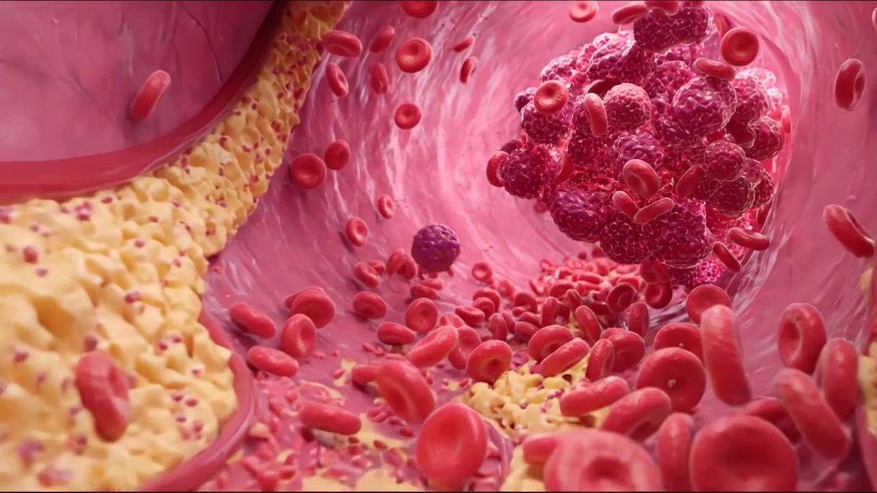 Red Blood Cells Circulating Through a Pink Microscopic Blood Vessel in Detailed Scientific Footage