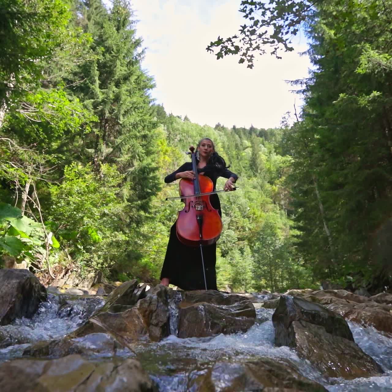 Cellist playing music on green nature background. Beautiful woman in black dress plays the cello among forest river. View from below.
