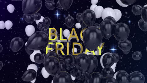 animación del texto del viernes negro con globos blancos y negros volando sobre un fondo negro
