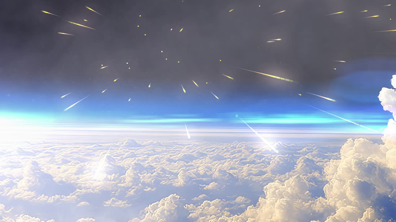 Glowing meteors falling above the clouds