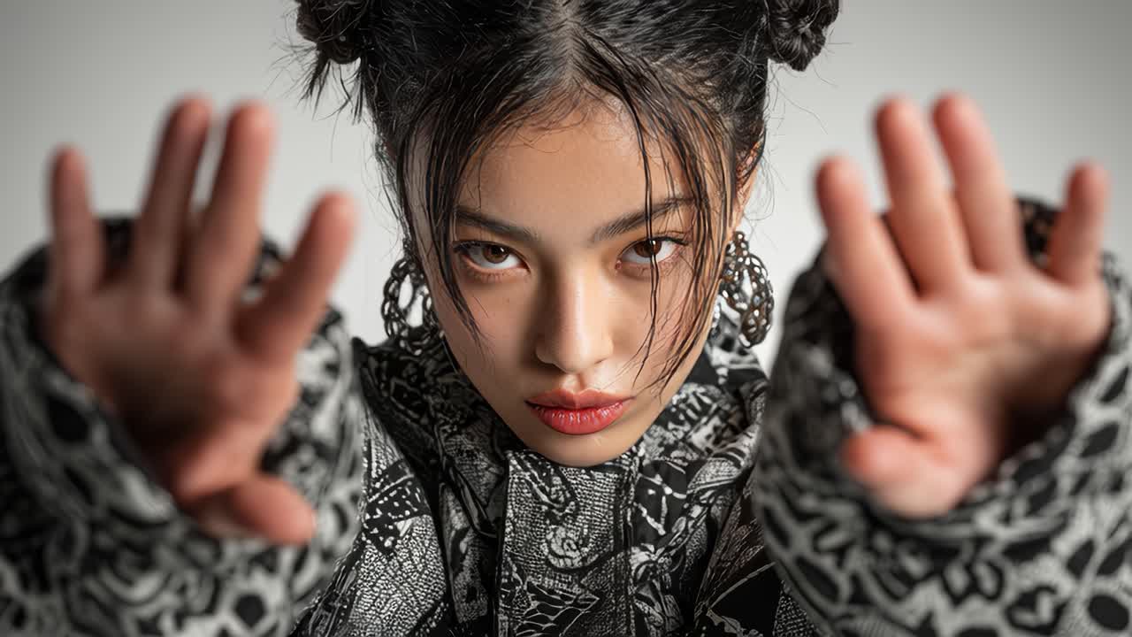Young woman performing slow motion hand gestures on white background