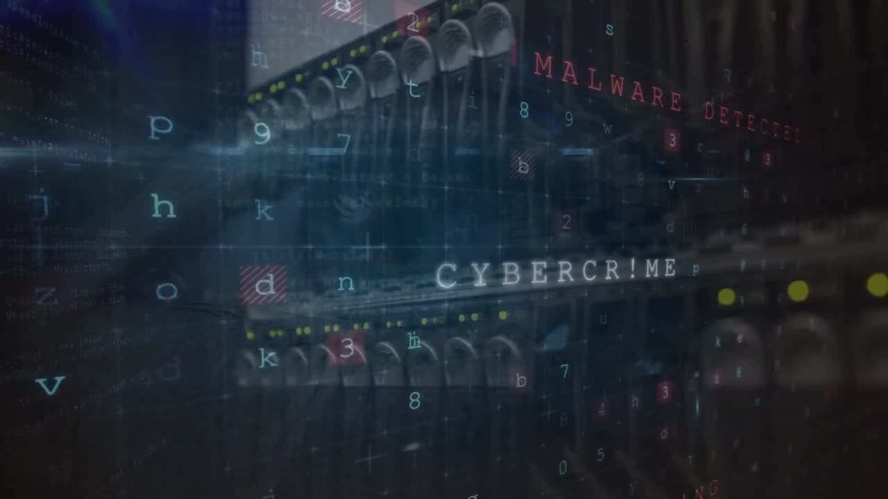Animation of cyber attack warning over server room