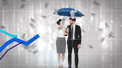 graphs over american dollars falling against couple holding an umbrella