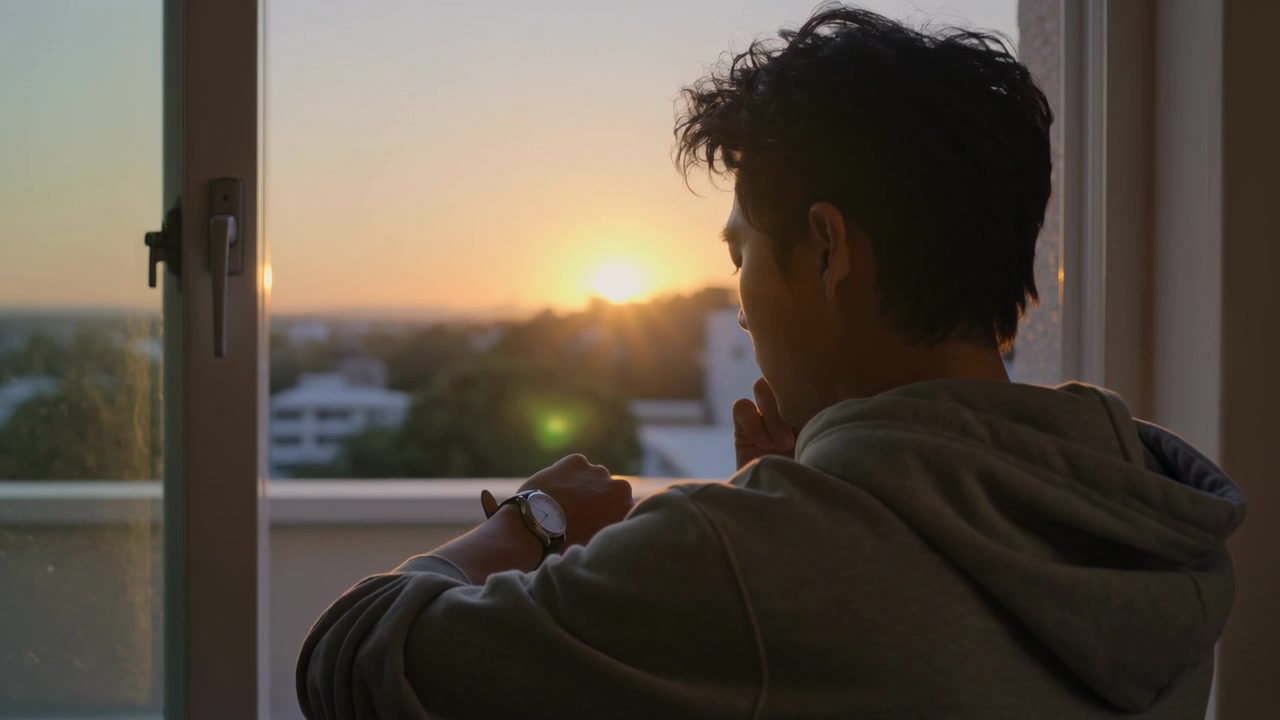 Cronometrando o pôr do sol, homem de moletom levantando o braço esquerdo, verificando o relógio de pulso na porta de vidro, tocando o queixo.