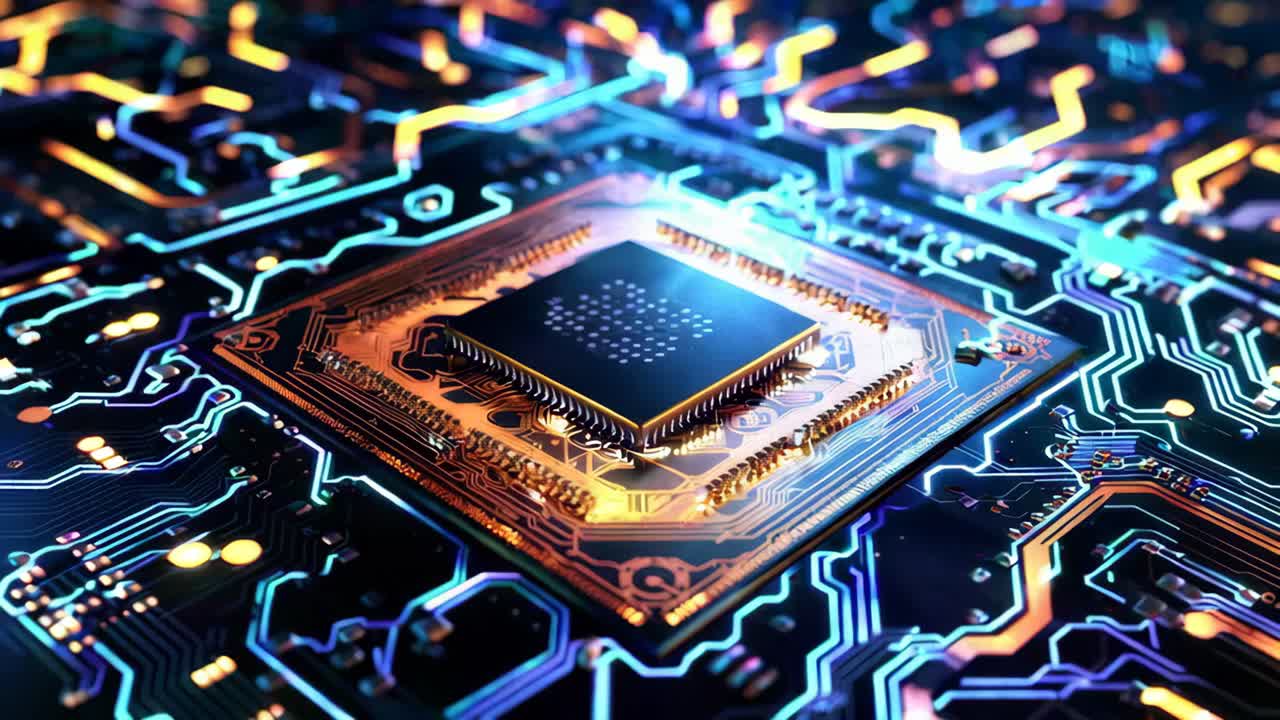 Close-up, top-down view of a glowing microchip on a circuit board, showcasing futuristic technology