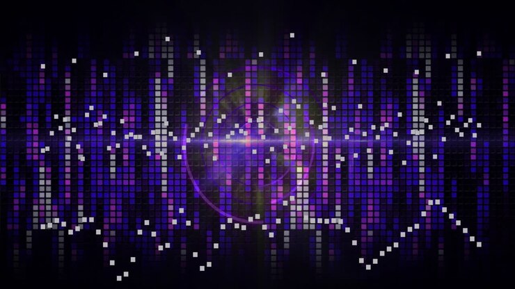 Equalizzatore con impulso audio in partenza, onda bianca in movimento, anello che ruota, bagliore che pulsa per mostrare il ritmo
