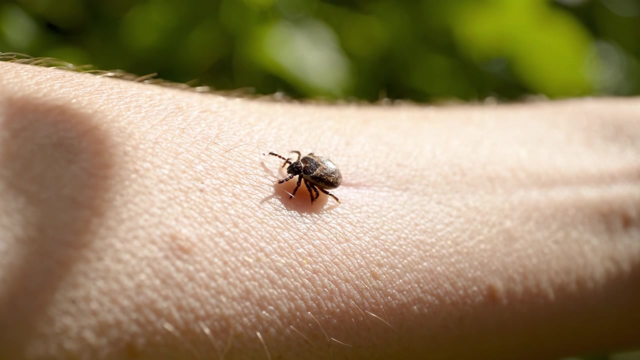 Et nærbillede af en flåt, der kravler på menneskehud, hvilket fremhæver parasitens indviklede detaljer og teksturen af den overflade, den bevæger sig på