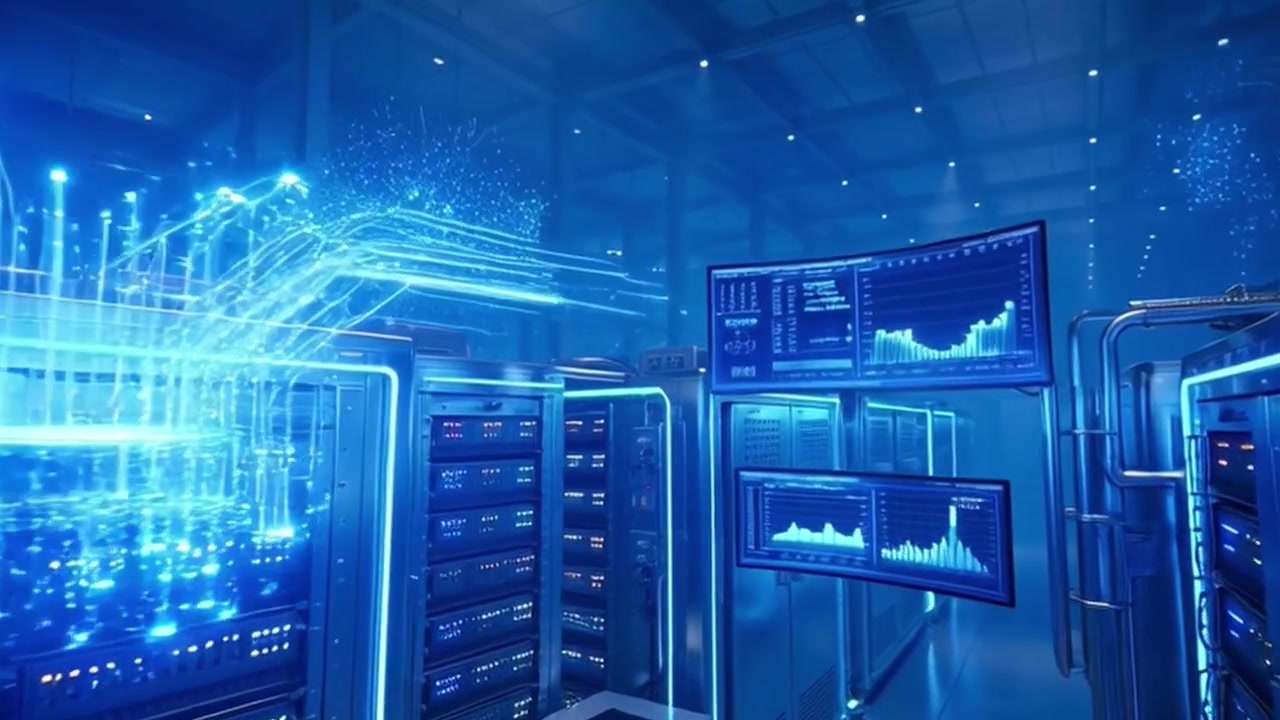 Futuristic Data Center with Glowing Digital Network Visualization