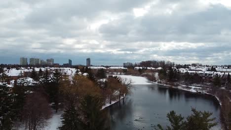 a winter landscape with a large lake, aerial view.