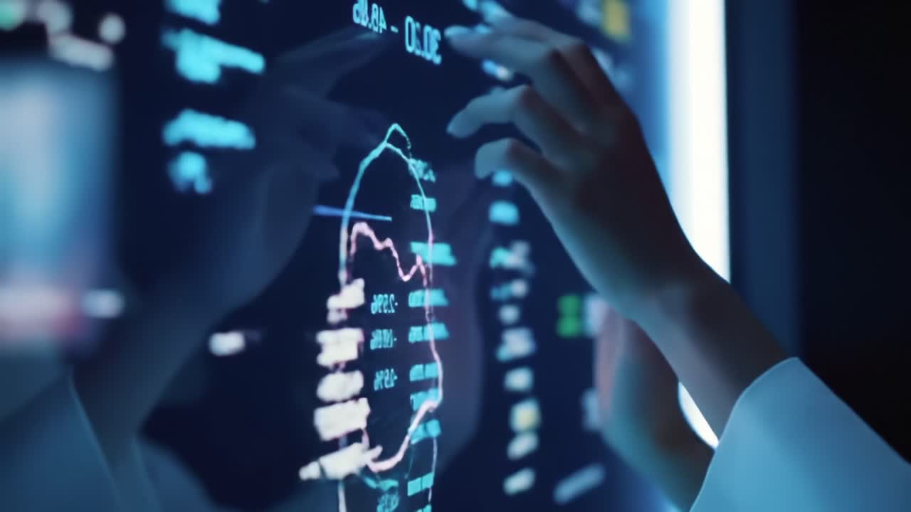 A Focused Interaction with a Digital Interface: An Individual Engaging with Data on a High-Tech Display, Analyzing Metrics and Information in a Modern Environment