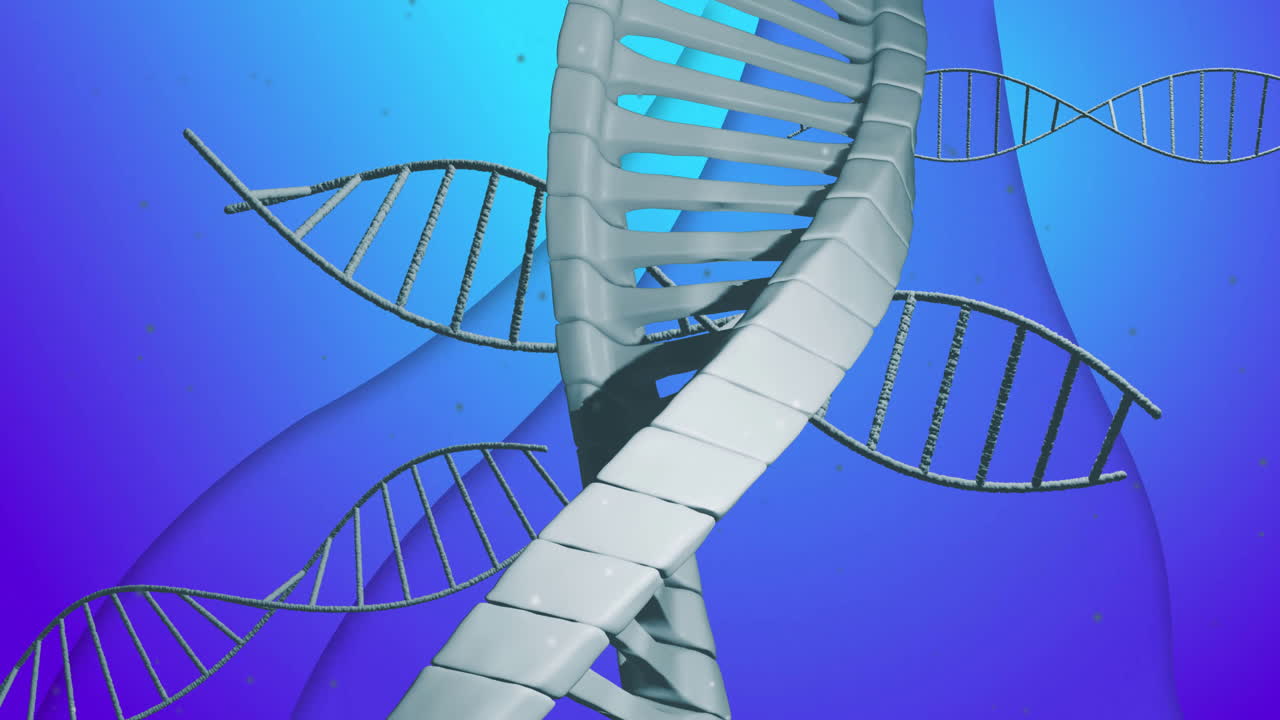 DNA double helix structures twisting and floating in 3D render, with smooth blue purple gradient