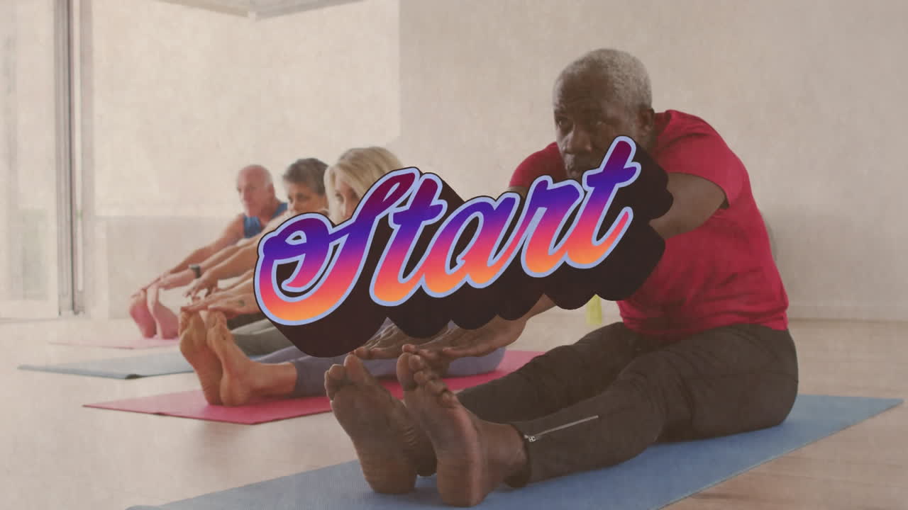 Animation of retro start text over senior people stretching in class