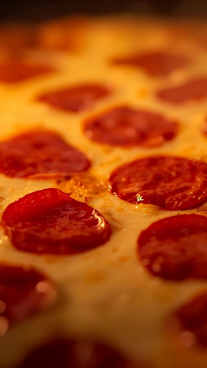 Video verticale: Pizza ai peperoni in cottura che bolle, con fette che si arricciano e formaggio che si dora per il calore del forno.
