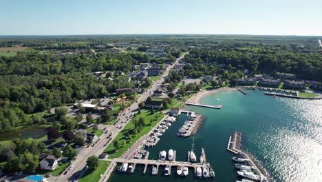 drone shot showing all of sister bay on a calm sunny day in september