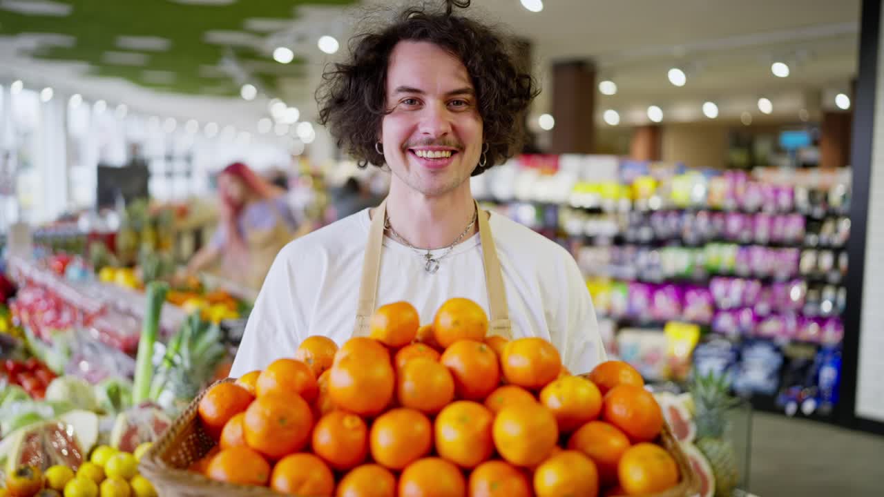 Portrait of a happy brunette guy with curly hair who holds in his hands a box with a lot of orange fruits in a supermarket