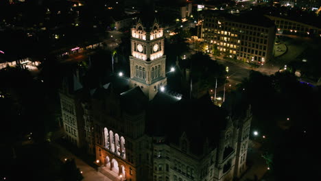night aerial view of city hall