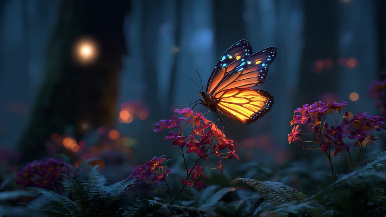 Una maestosa farfalla illuminata in una foresta mistica, che fluttua con grazia tra fiori rosa vivaci sotto un cielo crepuscolare da sogno