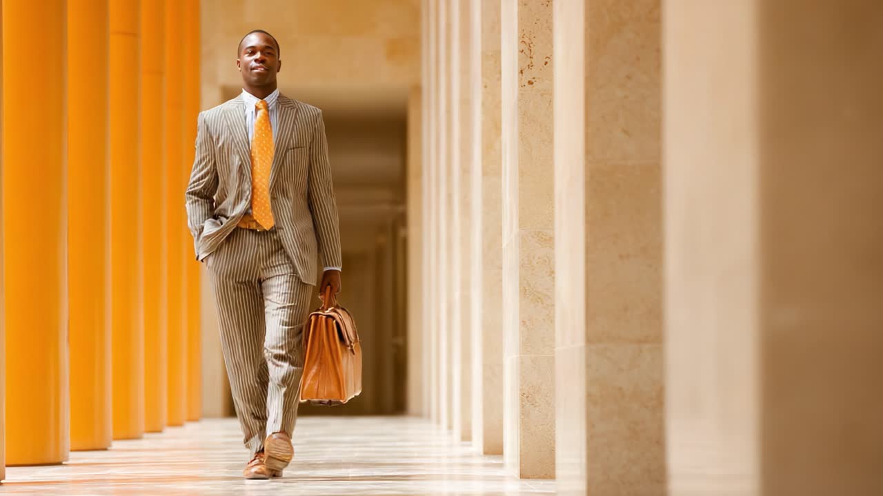Caminhando com confiança por um corredor elegante: um empresário da moda em um terno listrado e acessórios elegantes sob iluminação quente